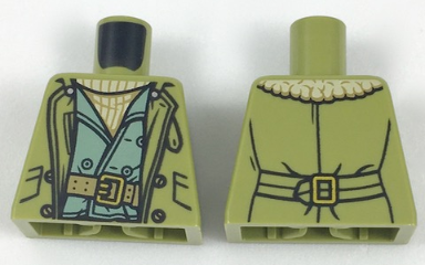 Lego Torso Aviator Jacket Open with Pockets and Buttons over Sand Green Vest and Tan Sweater, Dark Tan Belt with Gold Buckle Pattern / Olive Green