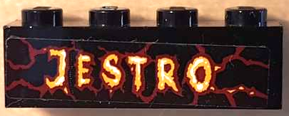 Lego Brick 1 x 4 with 'JESTRO' and Dark Red Lava Cracks Pattern (Sticker) - Set 70323