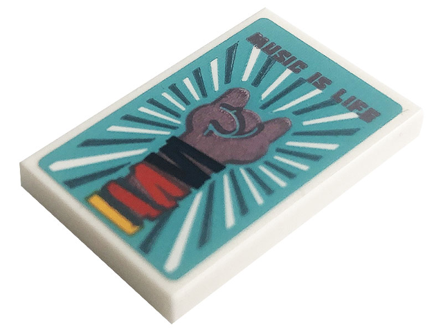 Lego Tile 2 x 3 with 'MUSIC IS LIFE', Bracelets and Sign of the Horns Hand Pattern (Sticker) - Set 41256