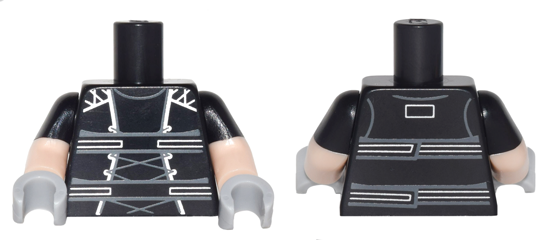 Lego Torso Harness with Dark Bluish Gray Laces and Silver Trim Pattern / Light Nougat Arms with Molded Black Short Sleeves Pattern / Light Bluish Gray Hands