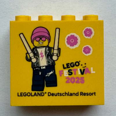 Lego Brick 2 x 4 x 3 with 'LEGO FESTIVAL 2025 LEGOLAND Deutschland Resort 'and Drummer Minifigure print / Yellow