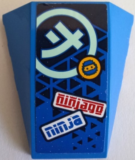 Lego Wedge 4 x 4 Triple Curved No Studs with Red 'ninjago', Blue 'ninja', Light Aqua Ninjago Logogram Letter J in Circle, Dark Blue Triangles and Jay Head Pattern (Sticker) - Set 71709 / Blue