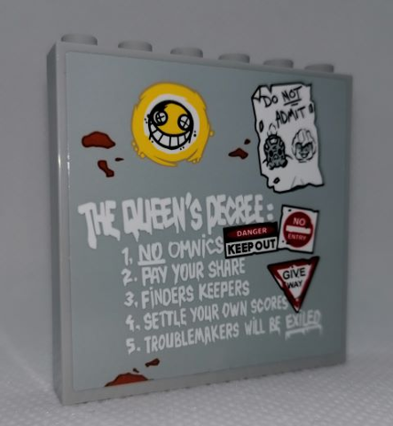 Lego Panel 1 x 6 x 5 with 'THE QUEEN'S DECREE:' List, 'DO NOT ADMIT' Poster, Danger Signs and Smile Face Pattern (Sticker) - Set 75977