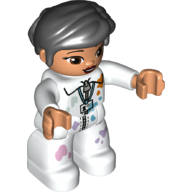 Lego Duplo Figure with Thick Short Hair Combed over Forehead and Bun Black, White Jumpsuit with Paint Splotches / White