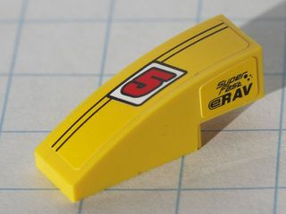 Lego Slope, Curved 3 x 1 with Red Number 5 and Black Lines, 'Super Fast' and 'eRAV' Pattern Model Left Side (Stickers) - Set 8122 / Yellow