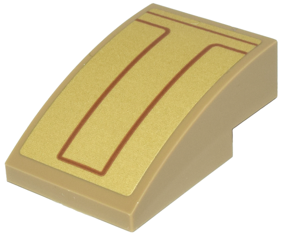 Lego Slope, Curved 3 x 2 with Dark Orange Line and Rectangular Shape on Gold Background Pattern (Sticker) - Set 76210