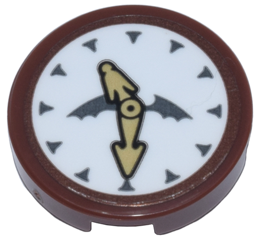 Lego Tile, Round 2 x 2 with Bottom Stud Holder with White Clock Face, Tan Hands, and Dark Bluish Gray Wings Pattern (Sticker) - Set 71799 / Reddish Brown