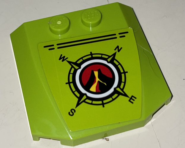 Lego Wedge 4 x 4 x 2/3 Triple Curved with Volcano Explorers Logo Compass Rose, Black Lines Pattern (Sticker) - Set 60124 / Lime
