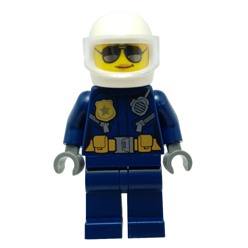 Lego Policewoman, Dark Blue Jacket with Radio, Badge, and Belt with Pouches, White Helmet with Trans-Clear Visor, Sunglasses