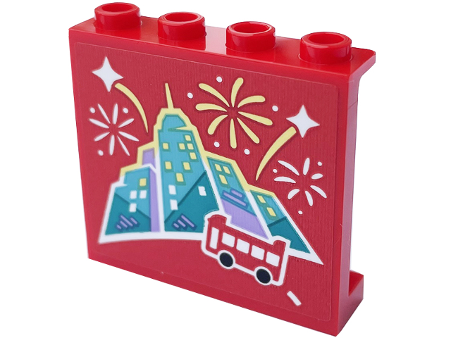 Lego Panel 1 x 4 x 3 with Side Supports - Hollow Studs with Bus, Skyline and White and Bright Light Yellow Fireworks Pattern Model Left Side (Sticker) - Set 60407