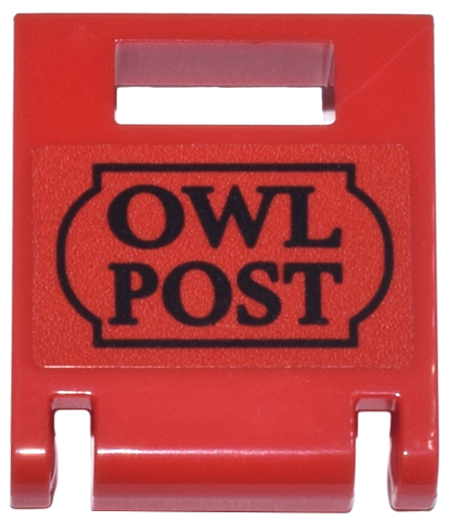 Lego Container, Box 2 x 2 x 2 Door with Slot with Black Sign 'OWL POST' Pattern (Sticker) - Set 76457 / Red