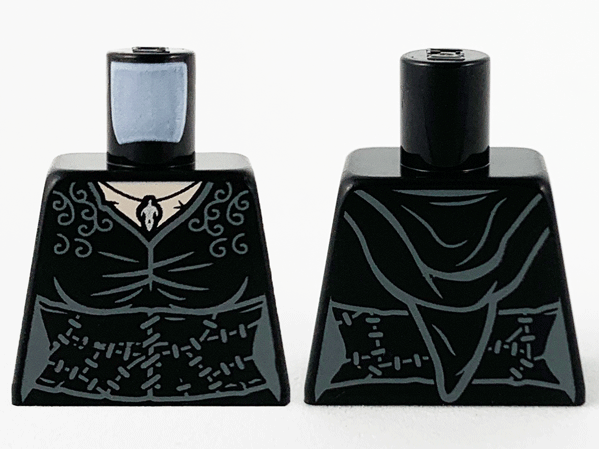 Lego Torso Female Robe with Hood, Light Nougat Neck, Silver Pendant, Dark Bluish Gray Filigree and Stitches Pattern / Black