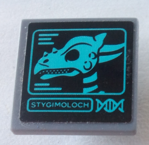 Lego Road Sign 2 x 2 Square with Open O Clip with 'STYGIMOLOCH' and Dinosaur Skull Pattern (Sticker) - Set 75927 / Dark Bluish Gray