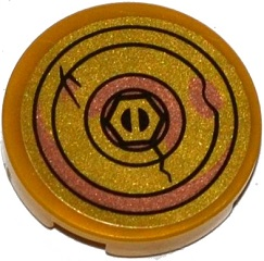 Lego Tile, Round 2 x 2 with Bottom Stud Holder with Bolt and Cracked and Rusting Washers Pattern (Sticker) - Set 70754 / Pearl Gold