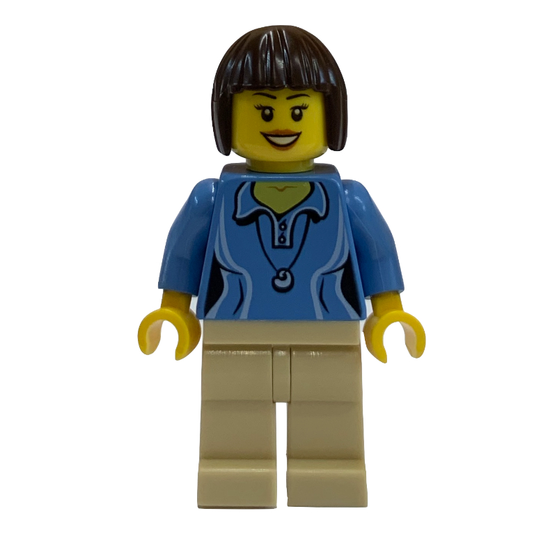 Lego Medium Blue Torso, Tan Legs, Dark Brown Hair