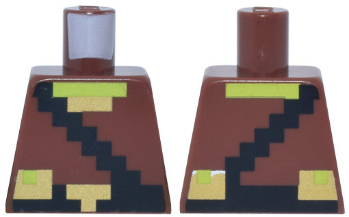 Lego Torso Pixelated Tunic, Black Strap and Belt with Buckle, Gold Collar and Pouches, Lime Neck Pattern / Reddish Brown