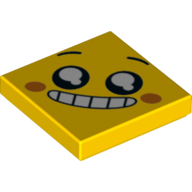 Lego Tile 2 x 2 with Black Eyes, Big Smile/Grin Mouth, Teeth, Dark Orange Dots Print / Yellow