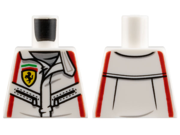 Lego Torso Racing Suit with Ferrari Logo, Black Zippers, Red Stripes Pattern / White