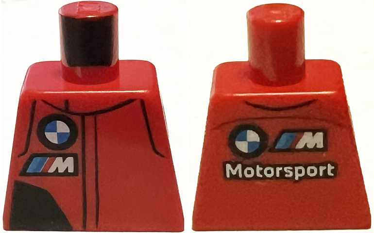 Lego Torso Racing Suit with Black Panel, BMW Motorsport Logo, White Capital Letter M with Red, Blue and Dark Azure Diagonal Stripes Pattern / Red