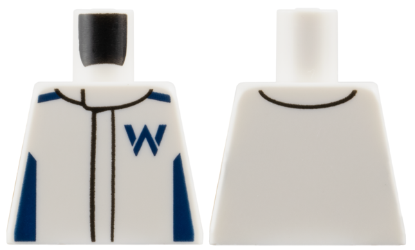 Lego Torso Racing Suit with Dark Blue Shoulders, Sides and Williams Formula 1 Logo Stylized Capital Letter W Pattern / White