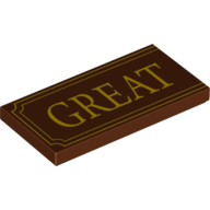 Lego Tile 2 x 4 with Yellow 'GREAT' and Fancy Outline Print / Reddish Brown
