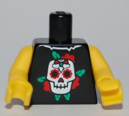 Lego Torso Shirt with Torn Collar, White Skull, Red Flowers, and Green Leaves Pattern / Yellow Arms / Yellow Hands