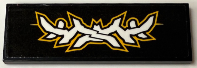 Lego Tile 2 x 6 with White Jagged Crossed Horns with Bright Light Orange Outline Pattern (Sticker) - Set 60389 / Black