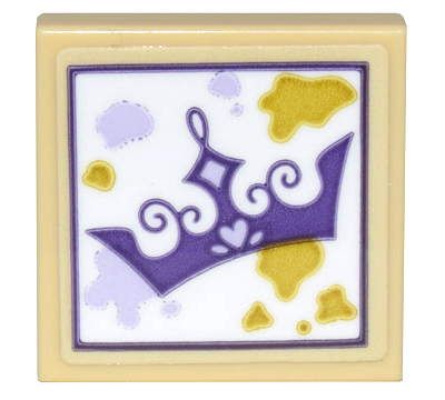 Lego Tile 2 x 2 with Painting of Dark Purple Crown and Gold and Lavender Splotches Pattern (Sticker) - Set 43205 / Tan