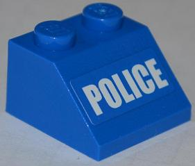 Lego Slope 45 2 x 2 with White 'POLICE' Bold Narrow Font on Blue Background Pattern (Sticker) - Set 4205 / Blue