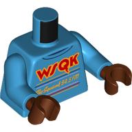 Lego Torso, Red 'WSQK', Yellow 'The Squawk 94.5FM' Print, Dark Azure Arms, Reddish Brown Hands