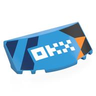 Lego Windscreen, Curved 6 x 2 x 2 with Black, Orange, Dark Blue Shapes, White 'OKX' Print / Dark Azure