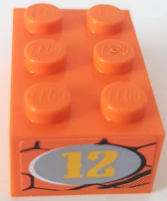 Lego Brick 2 x 3 with Yellow '12' in Light Bluish Gray Oval on Snakeskin Background Pattern on End Model Left Side (Sticker) - Set 8158 / Orange