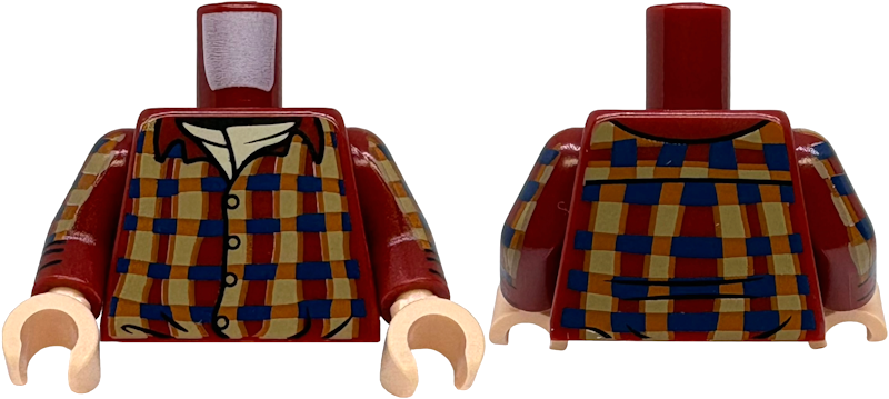 Lego Torso Dark Tan, Dark Blue and Dark Orange Plaid Shirt with Collar and Buttons, Tan Undershirt Pattern / Dark Red Arms with Plaid Shirt and Cuffs Pattern / Light Nougat Hands