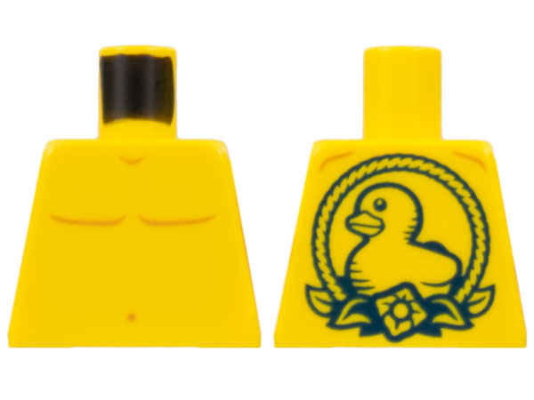 Lego Torso Bare Chest with Medium Nougat Muscles Outline and Navel, Duckling Tattoo in Dark Blue Rope Circle with Flower and Leaves on Back Pattern / Yellow