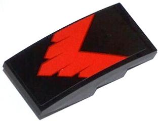 Lego Slope, Curved 4 x 2 with Red V-Shaped Stripe Pattern (Sticker) - Set 76011 / Black
