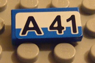 Lego Tile 1 x 2 with Black 'A 41' on White and Blue Background Pattern (Sticker) - Set 8252 / Blue