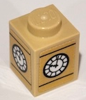 Lego Brick 1 x 1 with Black and White Big Ben Tower Clock Face Pattern on All Sides (Stickers) - Set 854012 / Tan