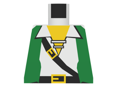Lego Torso Pirate Green Vest Open over Shirt with Laces, Black Belts with Buckles, Yellow Neck Pattern / White