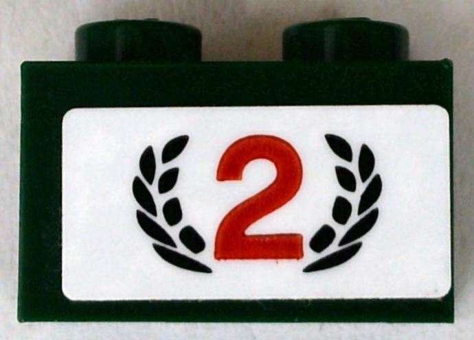 Lego Brick 1 x 2 with Red Number 2 and Dark Green Laurel Wreath Pattern (Sticker) - Set 75881
