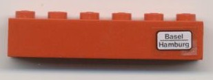 Lego Brick 1 x 6 with 'Basel - Hamburg' Pattern on Right Side (Sticker) - Set 7740 / Red