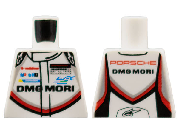 Lego Torso Racing Suit with 'PORSCHE DMG MORI' and Black, Red and Light Bluish Gray Stripe on Front and Back Pattern / White
