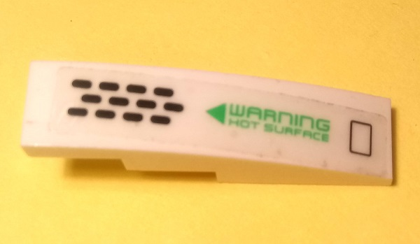 Lego Slope, Curved 4 x 1 with Black Vents and Bright Green 'WARNING HOT SURFACE' Pattern Model Left Side (Sticker) - Set 70704 / White