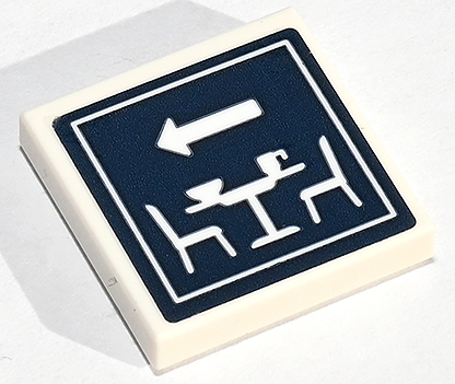 Lego Tile 2 x 2 with Arrow and Restaurant Seating Area Sign on Dark Blue Background Pattern (Sticker) - Set 41747 / White