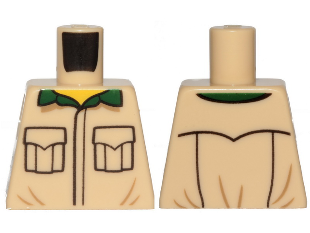 Lego Torso Shirt with Black Outlined Pockets and Dark Green Collar Pattern / Tan
