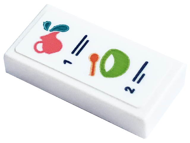 Lego Tile 1 x 2 with Dark Blue Number 1 and 2, Lines, Spoon, Lime Bowl and Coral Jug with Water Splashes Pattern (Sticker) - Set 41754 / White