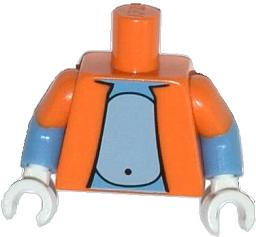 Lego Torso Simpsons Open Jacket with Light Bluish Gray Stomach Pattern / Medium Blue Arms with Molded Orange Short Sleeves Pattern / White Hands