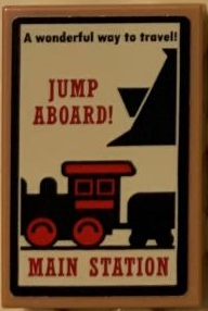 Lego Tile 2 x 3 with Train Poster with 'A wonderful way to travel!', 'JUMP ABOARD!' and 'MAIN STATION' Pattern (Sticker) - Set 71044 / Medium Nougat