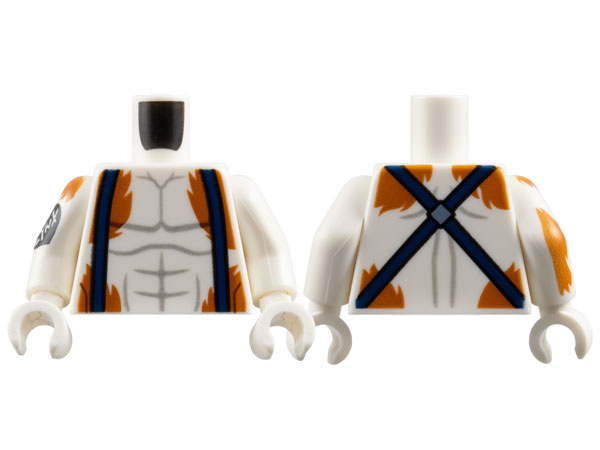 Lego Torso Dark Bluish Gray Muscle Contours, Dark Blue Suspenders and Dark Orange Fur Pattern / White Arm Left / White Arm Right with 'LYNX' in Black Heart and Dark Orange Fur Pattern / White Hands