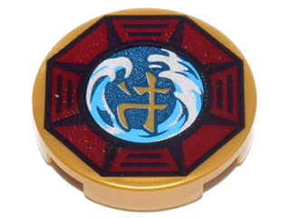Lego Tile, Round 2 x 2 with Bottom Stud Holder with Airjitzu Wave Symbol in Dark Red Octagon Pattern