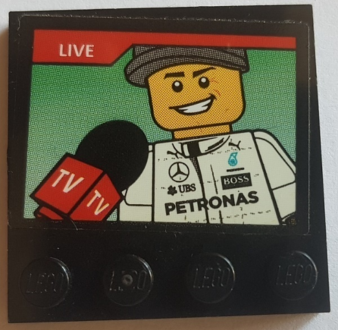Lego Tile, Modified 4 x 4 with Studs on Edge with 'LIVE', 'TV', Microphone and Formula 1 Driver Minifigure on Screen Pattern (Sticker) - Set 75883